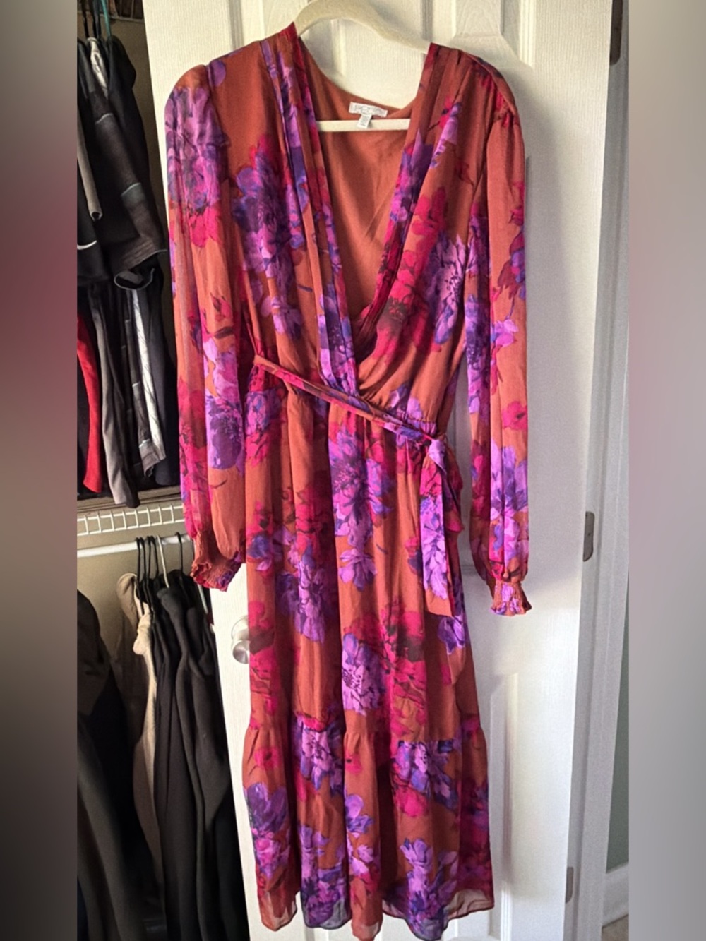 Long-Sleeve Floral Wrap Maxi Dress in Rust with Pink & Purple Print
